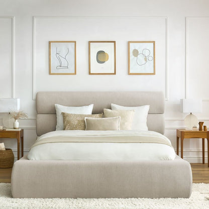 Lit Pastello ZIBRAN dans une chambre élégante détaille tète de lit tissus toile qualité premium avec sommier de qualité et avec rangement table de chevet en bois naturel