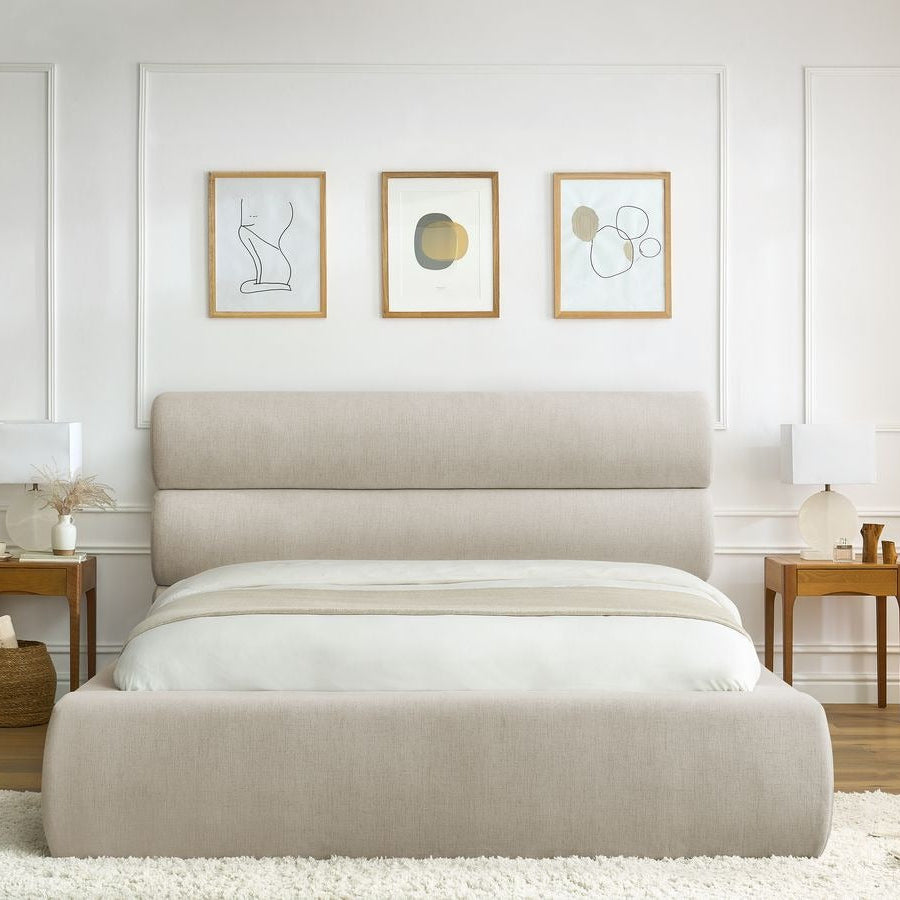 Lit Pastello ZIBRAN dans une chambre élégante détaille tète de lit tissus toile qualité premium avec sommier de qualité et avec rangement