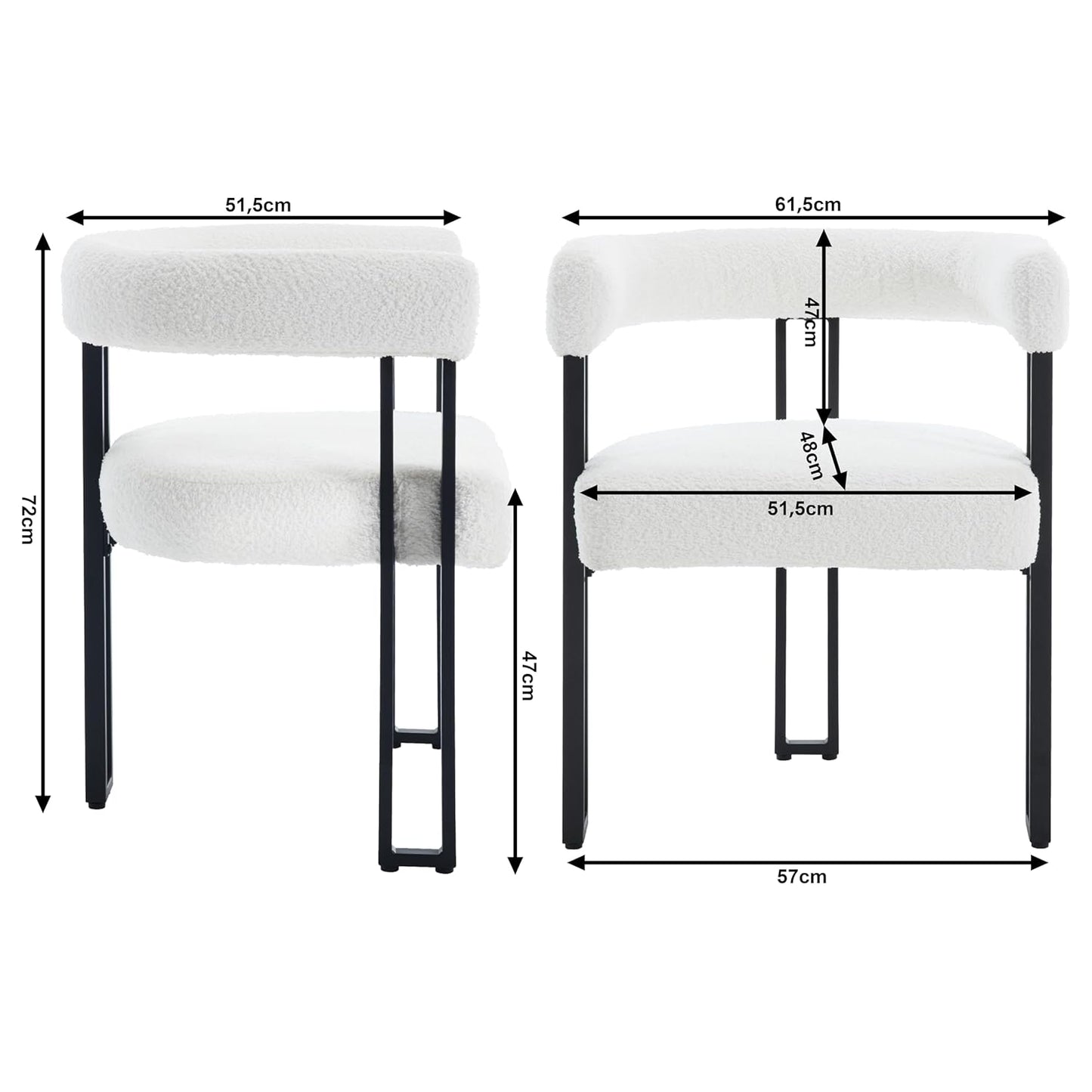 WOLTIS Chaise design minimaliste pour salle à manger café et restaurant confortable assis mousse HR tissus Bouclette blanc et finition métallique noir mat dimensions et mesures standards 