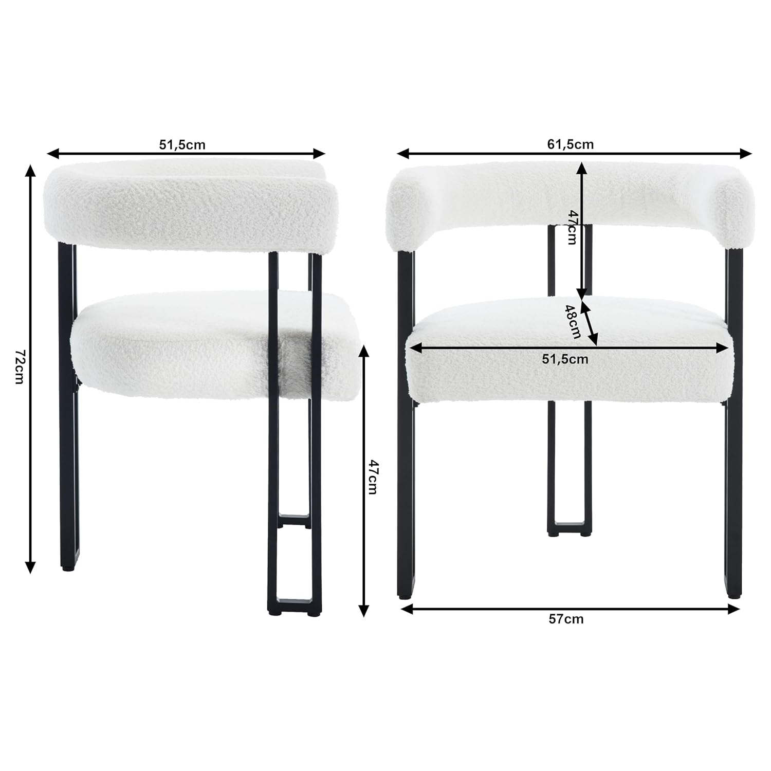 WOLTIS Chaise design minimaliste pour salle à manger café et restaurant confortable assis mousse HR tissus Bouclette blanc et finition métallique noir mat dimensions et mesures standards 