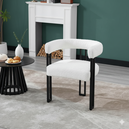 WOLTIS Chaise design minimaliste pour salle à manger café et restaurant confortable assis mousse HR tissus Bouclette blanc et finition métallique noir mat 