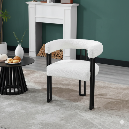 WOLTIS Chaise design minimaliste pour salle à manger café et restaurant confortable assis mousse HR tissus Bouclette blanc et finition métallique noir mat 