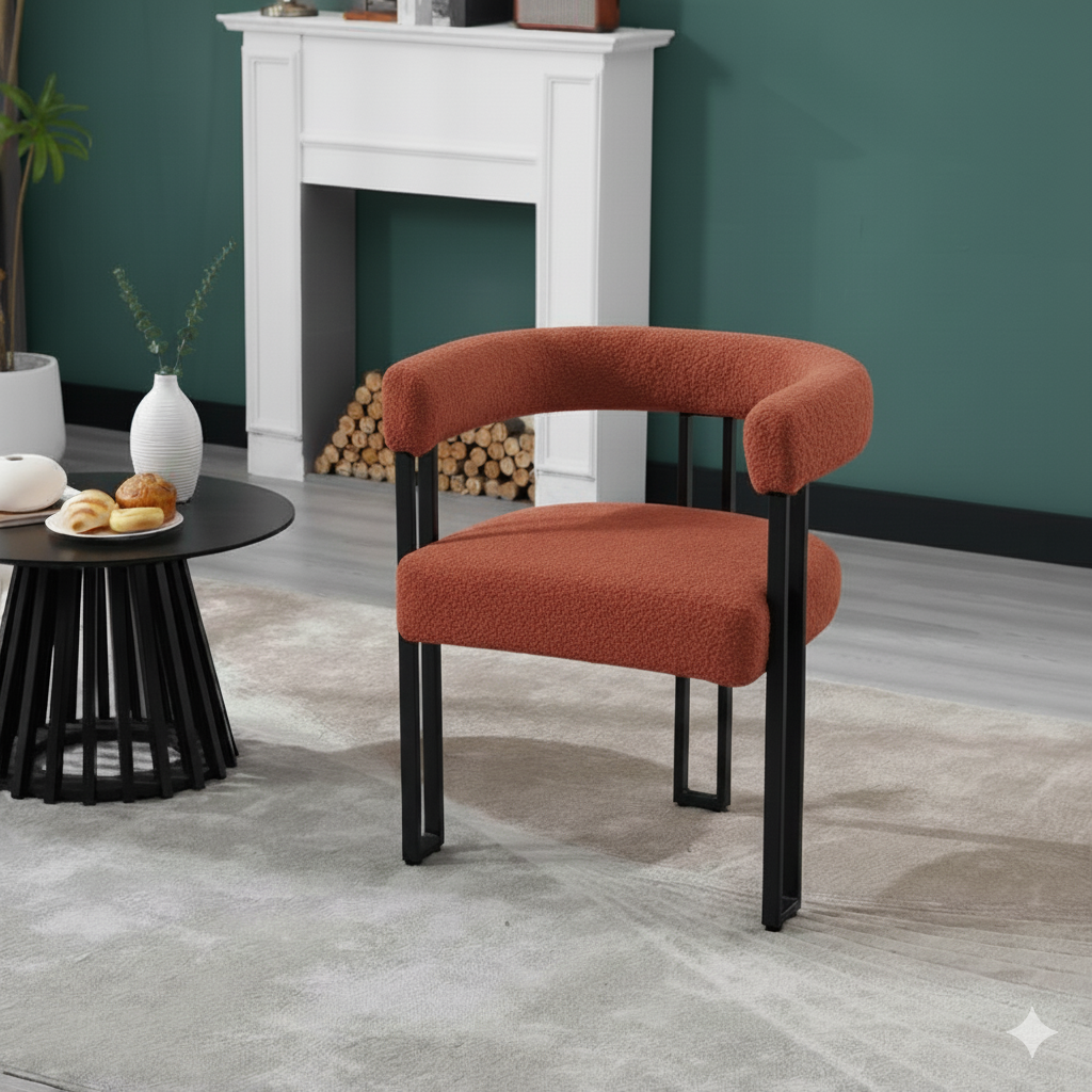WOLTIS Chaise design minimaliste pour salle à manger café et restaurant confortable assis mousse HR tissus Bouclette Rouge terracotta et finition métallique noir mat 