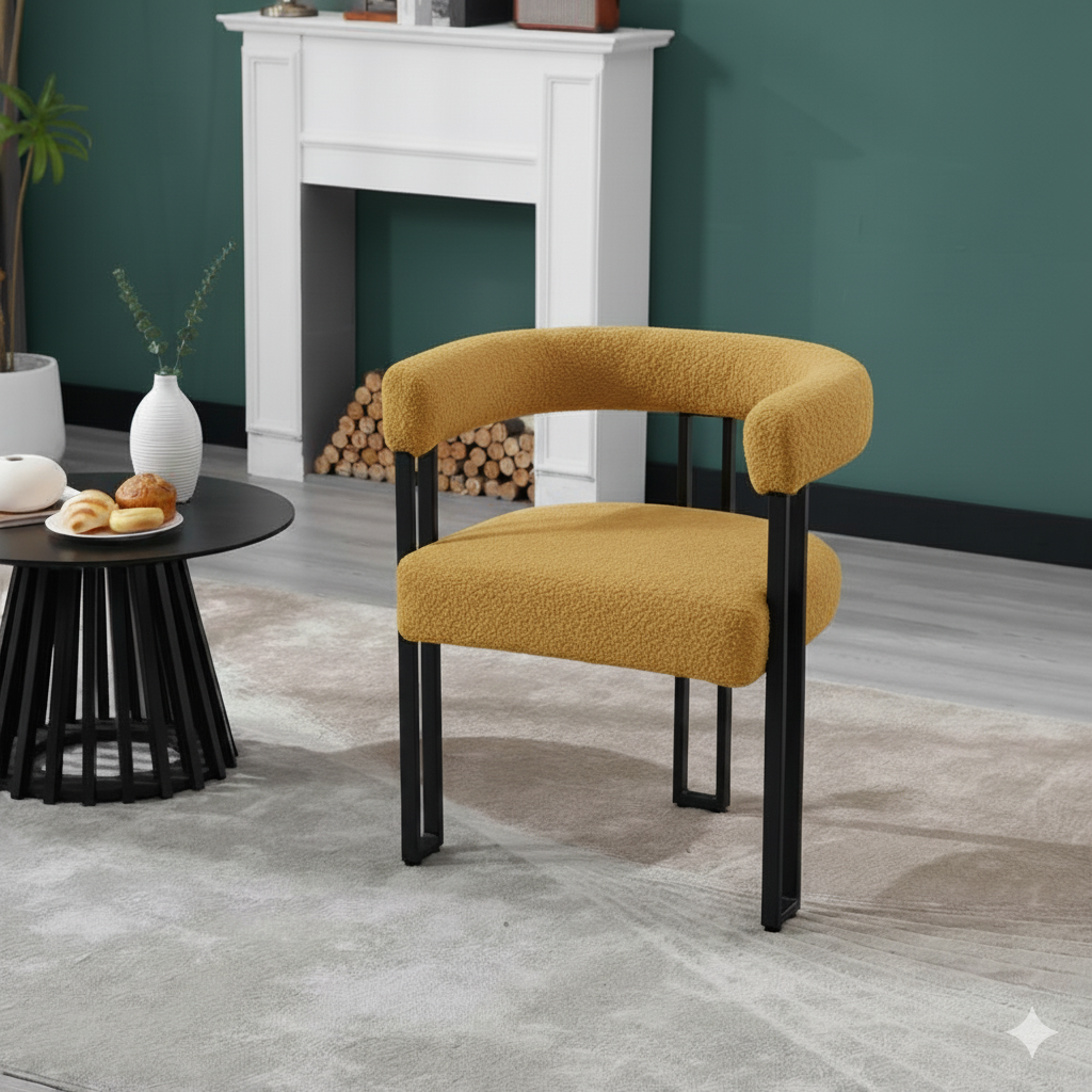 WOLTIS Chaise design minimaliste pour salle à manger café et restaurant confortable assis mousse HR tissus Bouclette ocre jaune et finition métallique noir mat 
