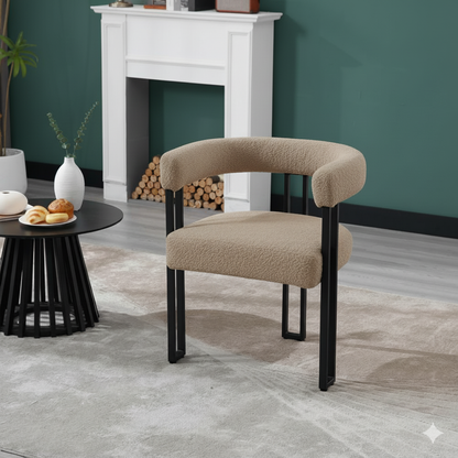 WOLTIS Chaise design minimaliste pour salle à manger café et restaurant confortable assis mousse HR tissus Bouclette Grège et finition métallique noir mat 